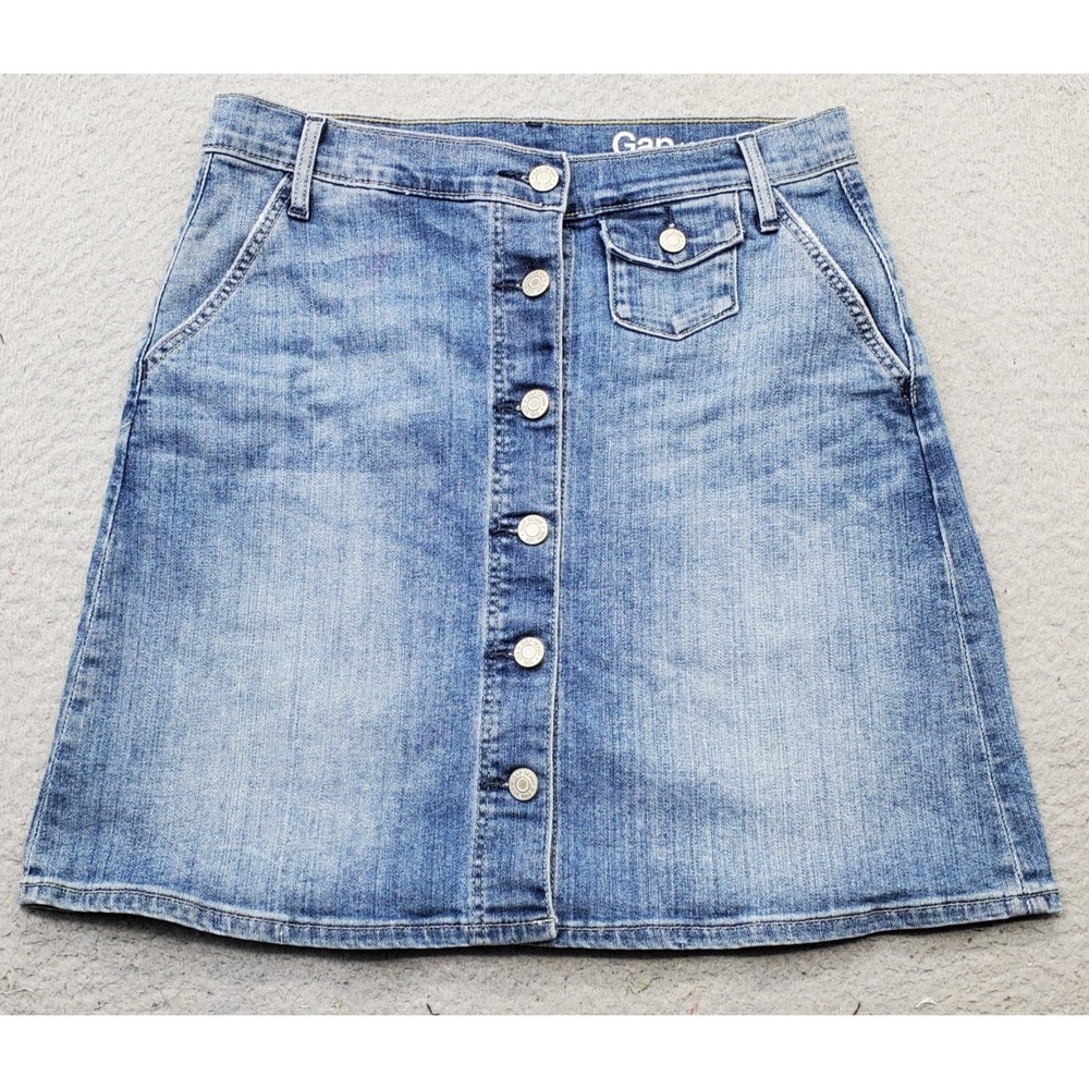 Gap Jean Midi‎ Skirt Womens 27 Blue Denim Medium Wash Slash Pockets Button Front